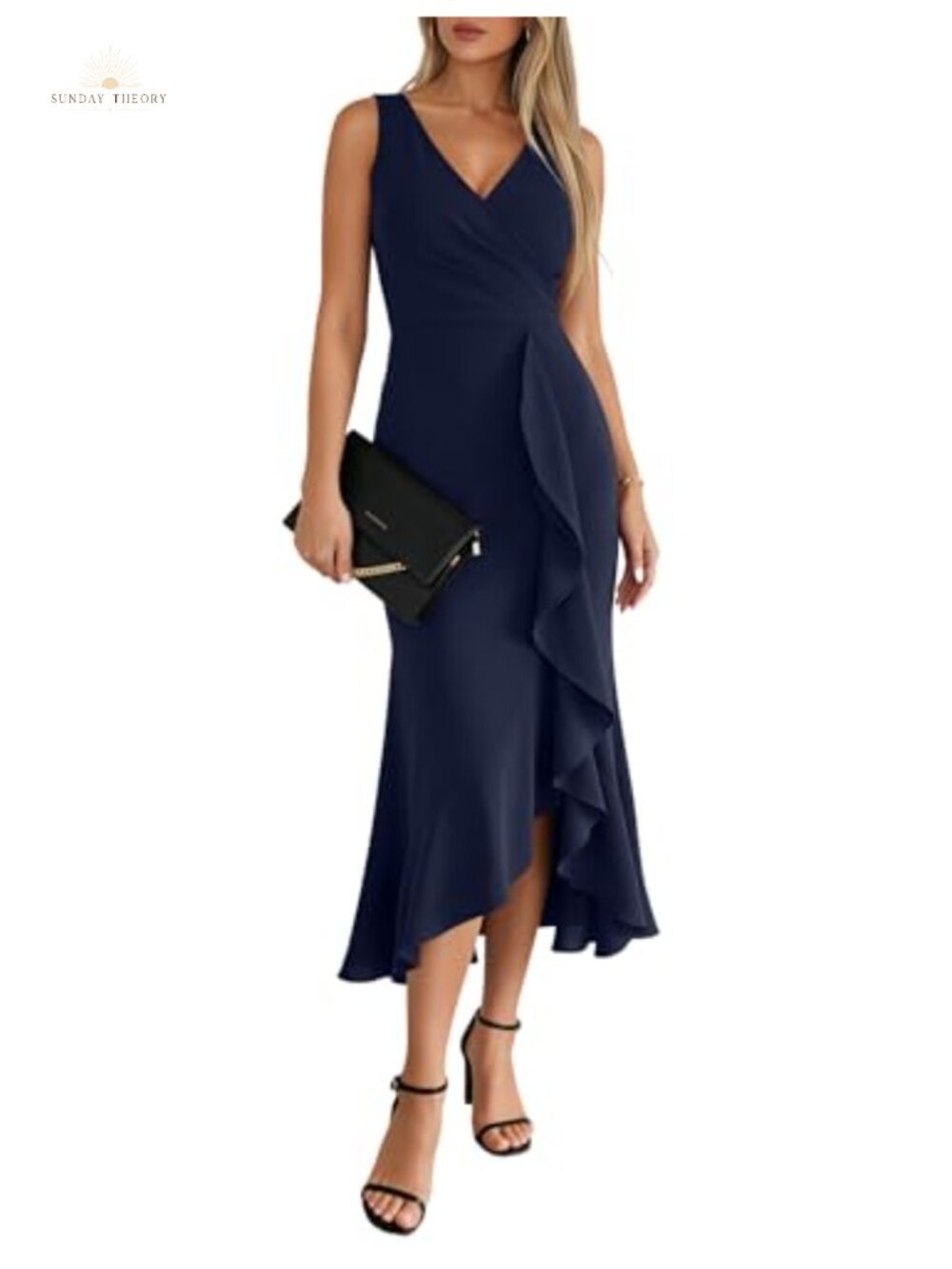 Sexy V Neck Sleeveless Faux Wrap Ruched Midi Dress Ruffle Hem Bodycon